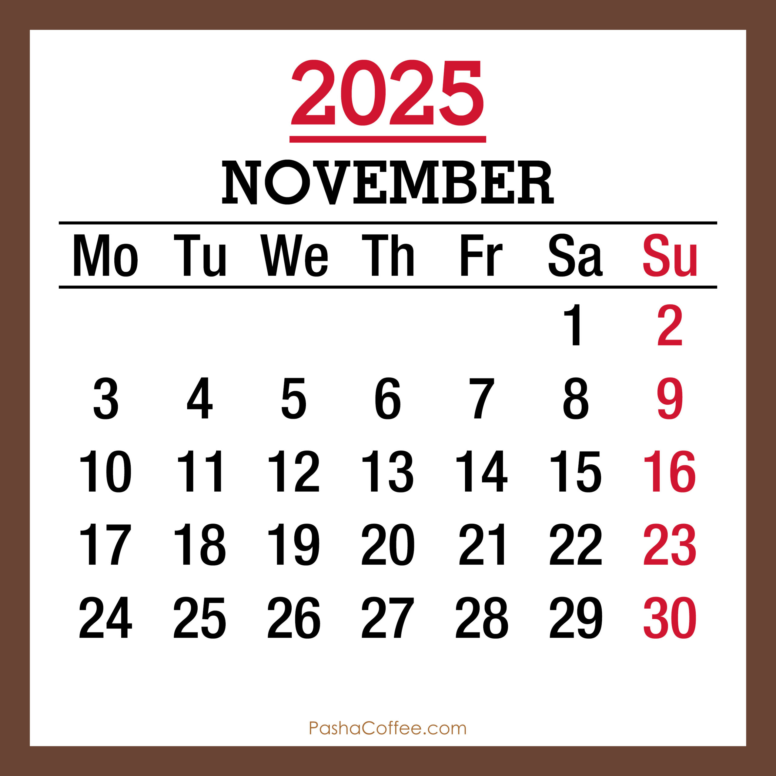 November 2025 Monthly Calendar, Printable Free, Brown, Monday with November Calendar 2025 Starting Monday