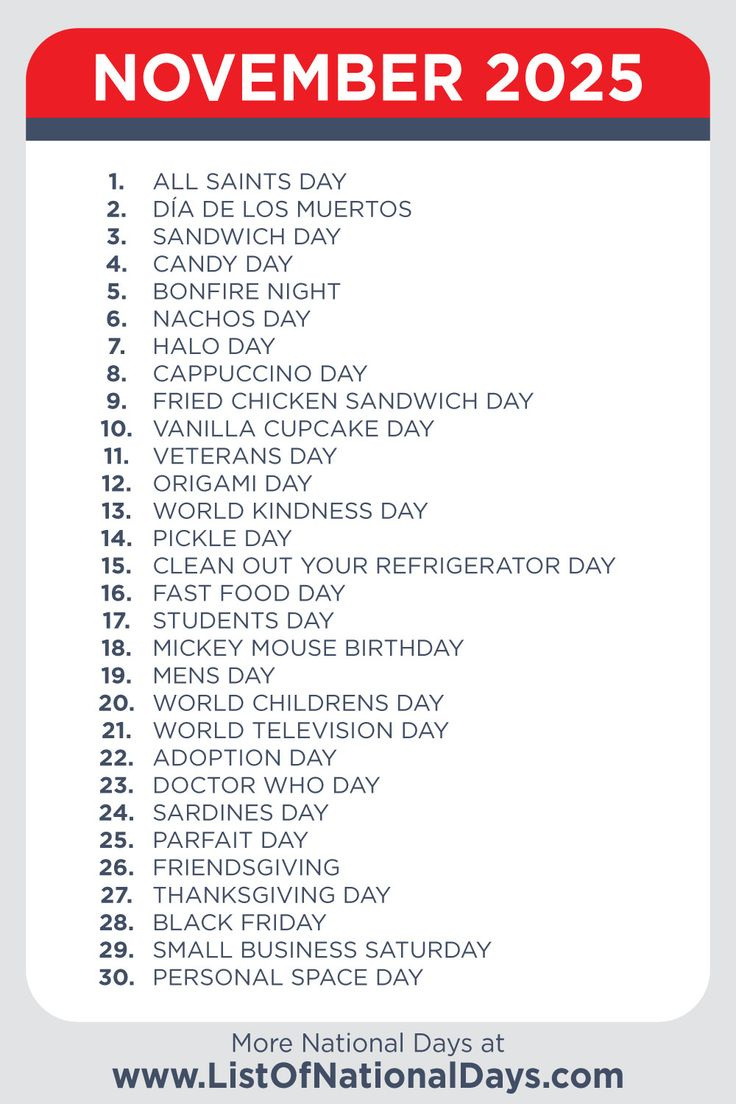 November 2025 National Days in November 2025 Calendar Day