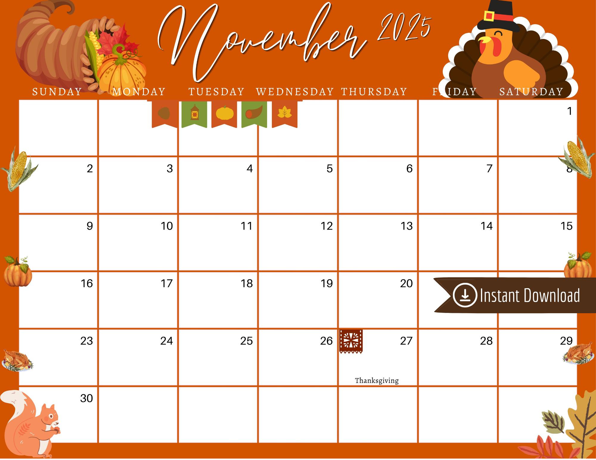 November 2025 Thanksgiving-Planer: Bearbeitbarer Druckbarer pertaining to November 2025 Calendar Thanksgiving