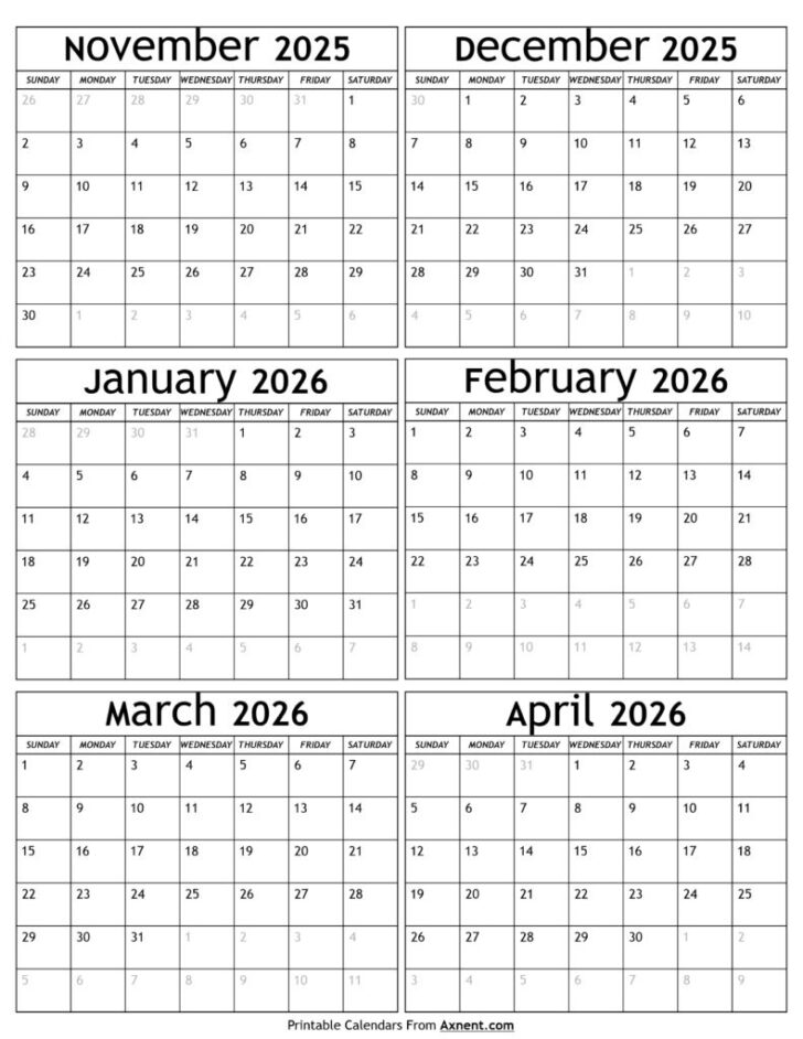 November 2025 to April 2026 Calendar