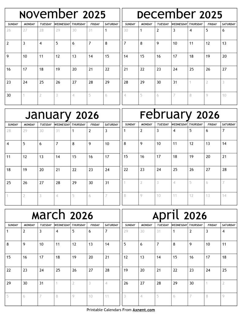 November 2025 To April 2026 Calendar Templates - Six Months intended for November 2025 To April 2026 Calendar