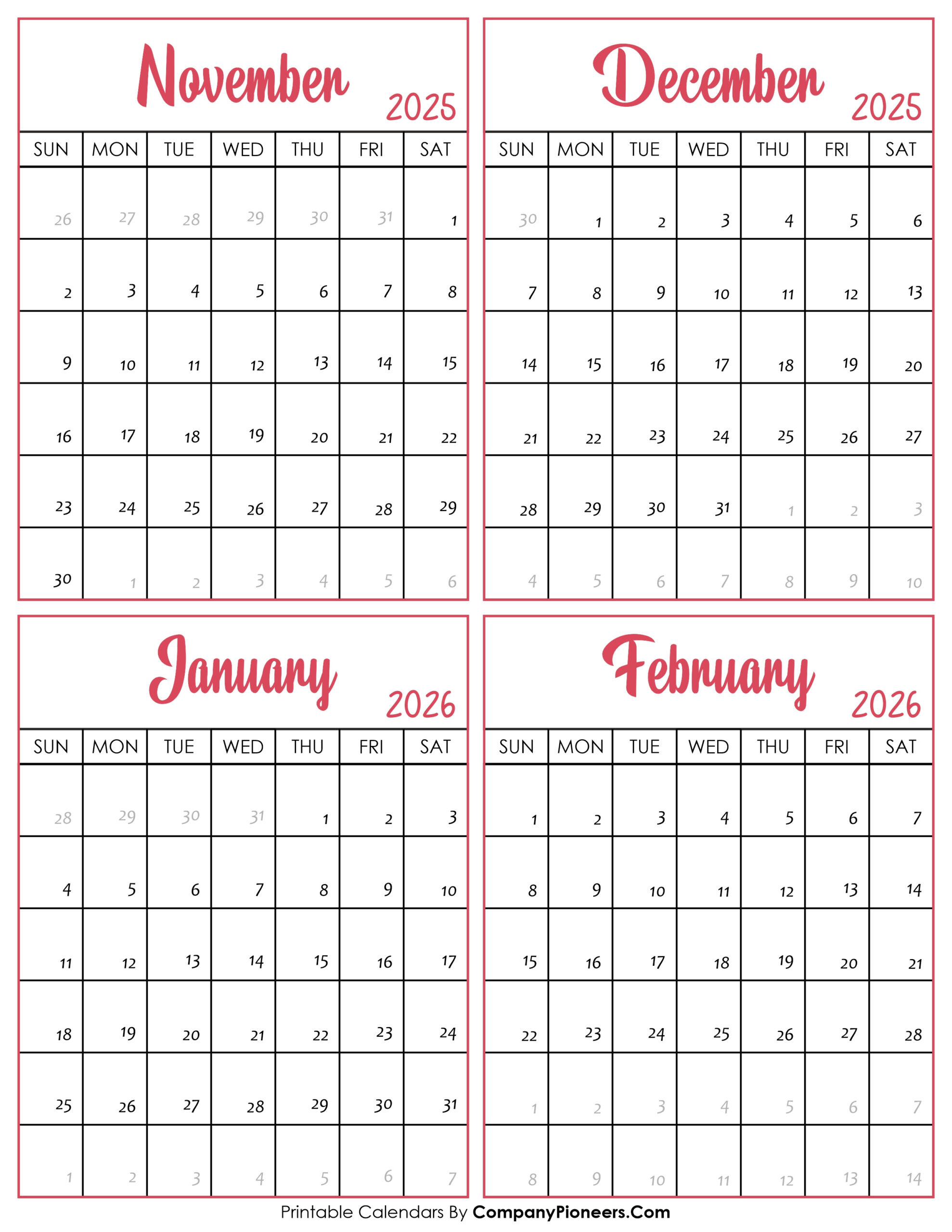 November 2025 To February 2026 Calendar Printable - Template throughout Calendar November 2025 To February 2025