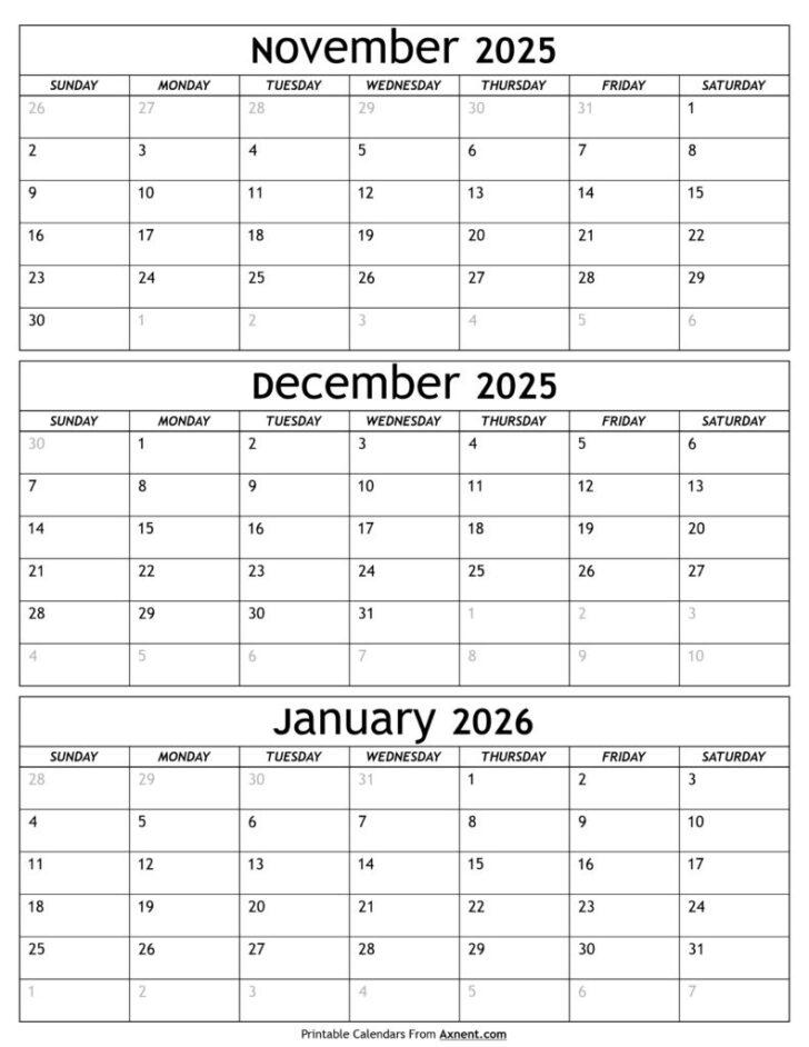 November 2025 Through January 2026 Calendar