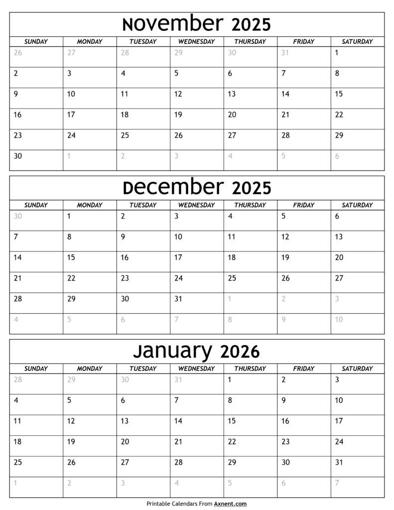 November 2025 To January 2026 Calendar Templates - Three Months inside November 2025 Through January 2026 Calendar