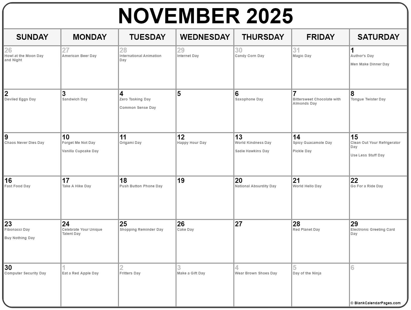 November 2025 With Holidays Calendar for National Calendar Days November 2025