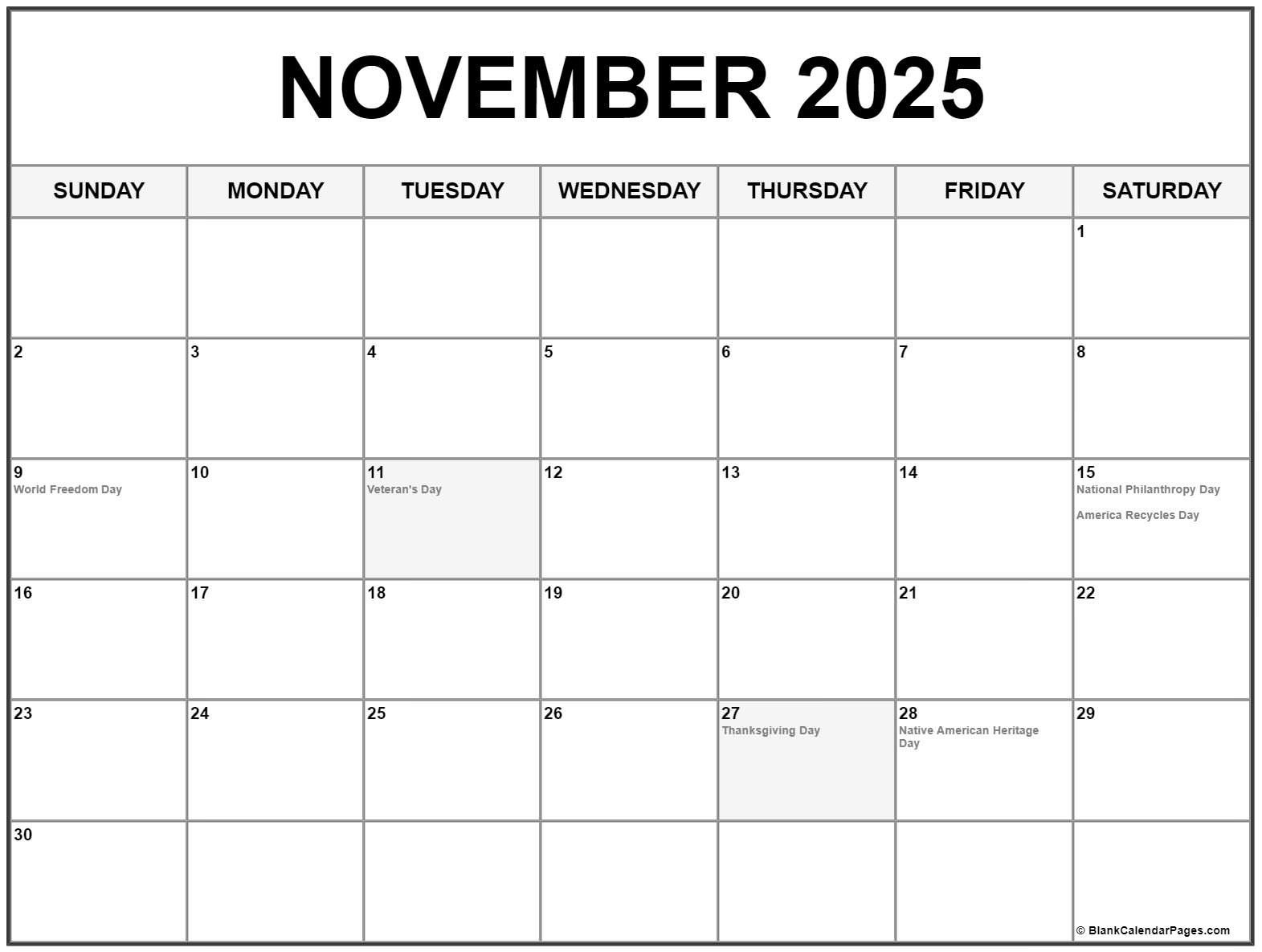 November 2025 With Holidays Calendar in November 2025 Calendar With Federal Holidays