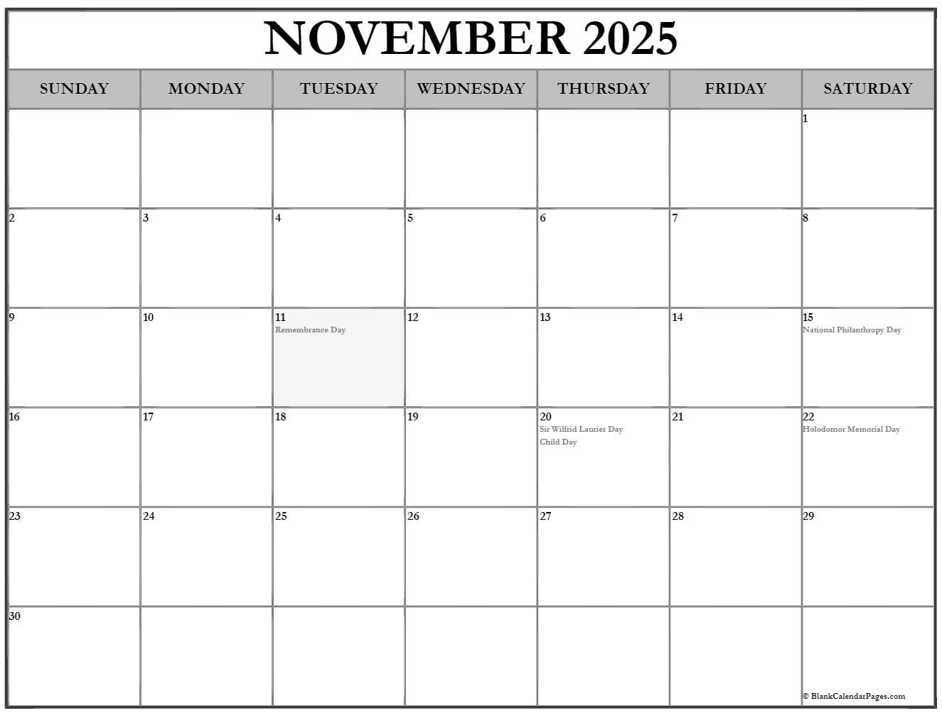 November 2025 With Holidays Calendar within November National Days Canada 2025