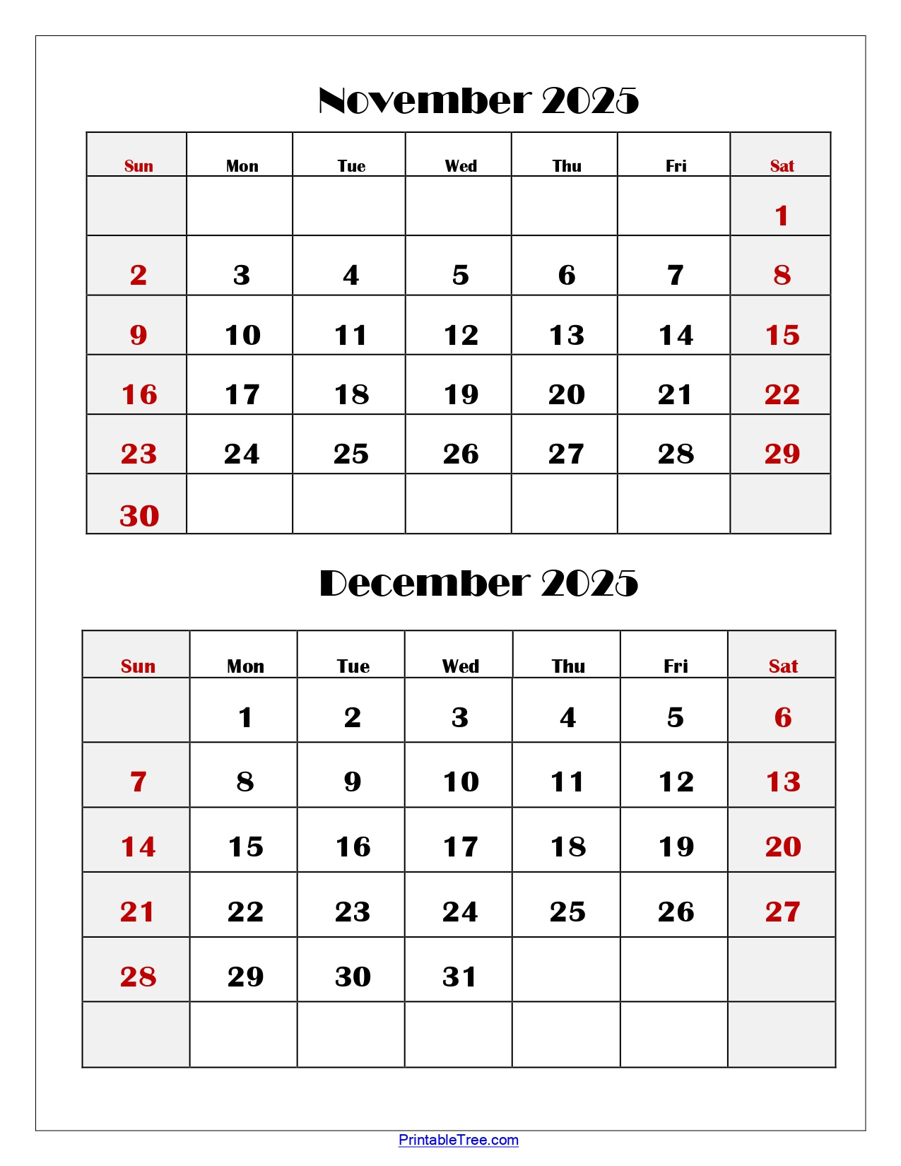 November And December 2025 Calendar Printable Pdf | Two Months for Printable November December Calendar 2025