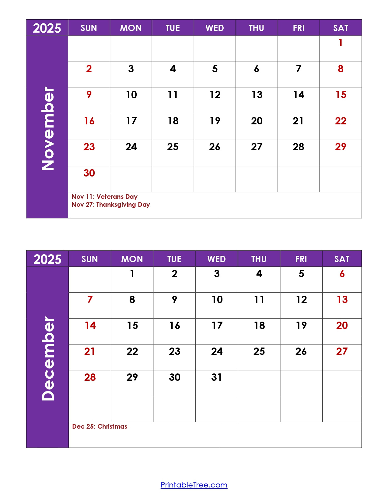 November And December 2025 Calendar Printable Pdf | Two Months within November December Calendar 2025 With Holidays