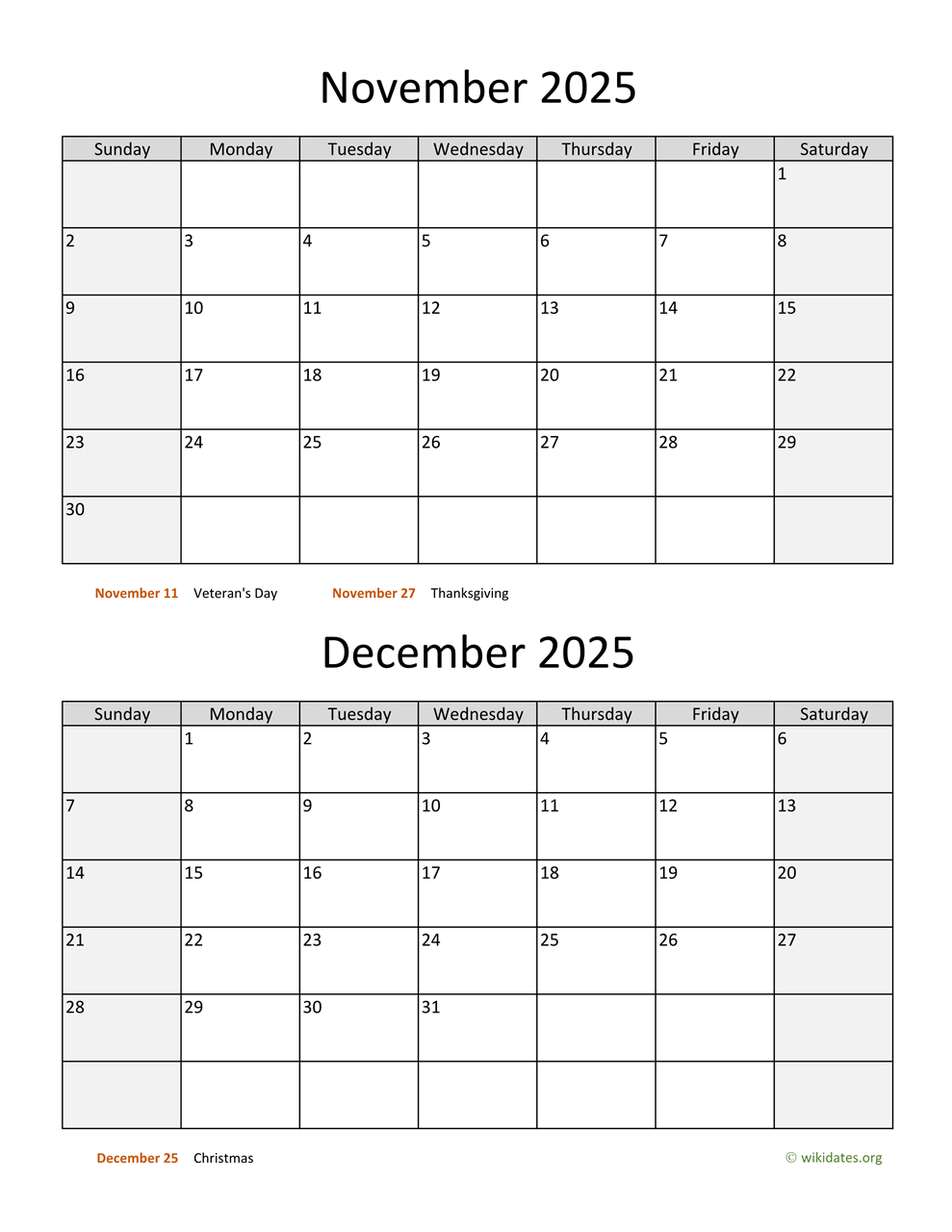 November And December 2025 Calendar | Wikidates regarding Calendar November and December 2025