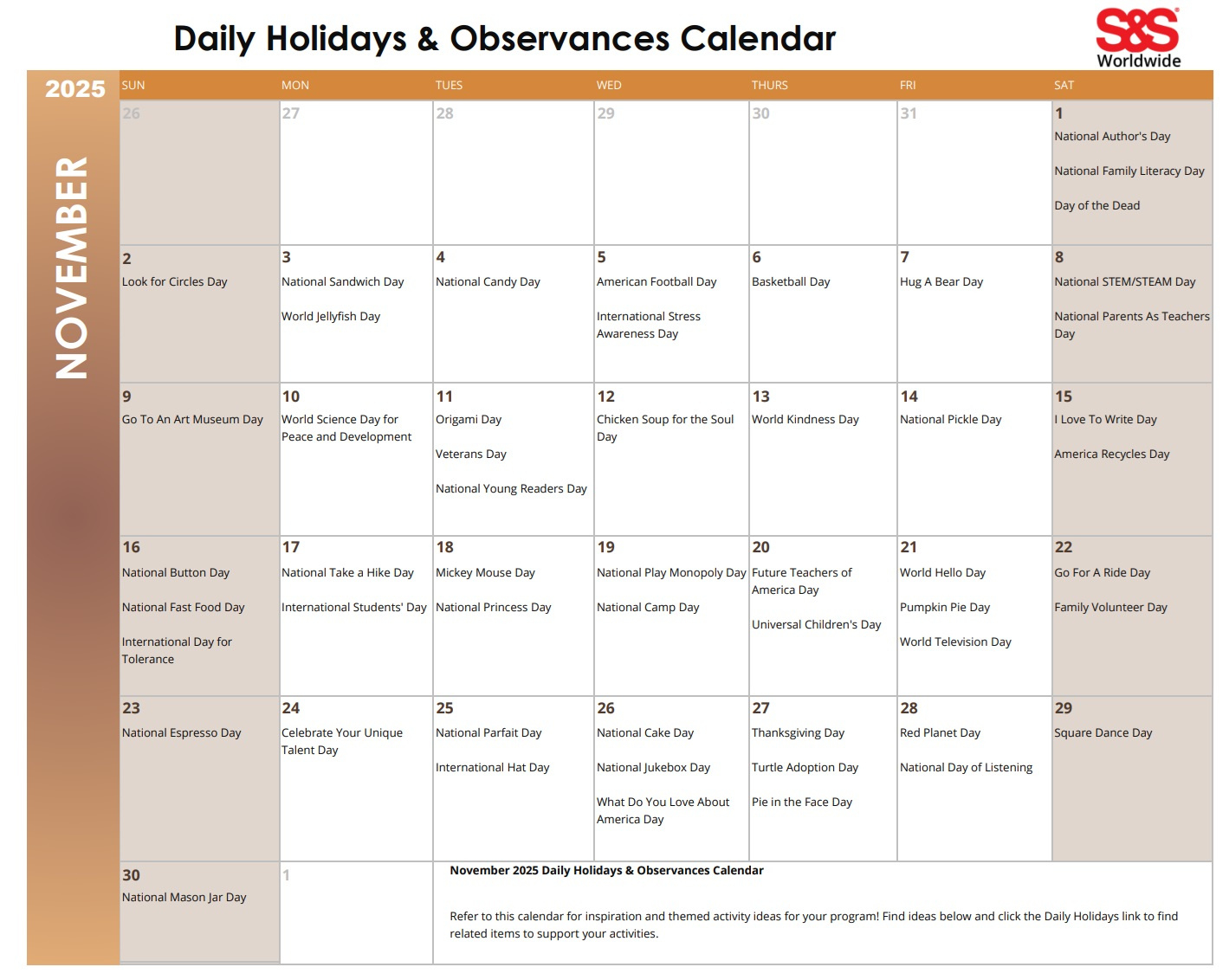 November Daily Holidays &amp;amp; Observances Printable Calendar - S&amp;amp;S Blog within November 2025 Special Days Calendar