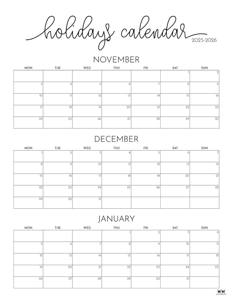 November December 2025 Calendars - 28 Printables | Printabulls in November 2025 December 2025 January 2026 Calendar