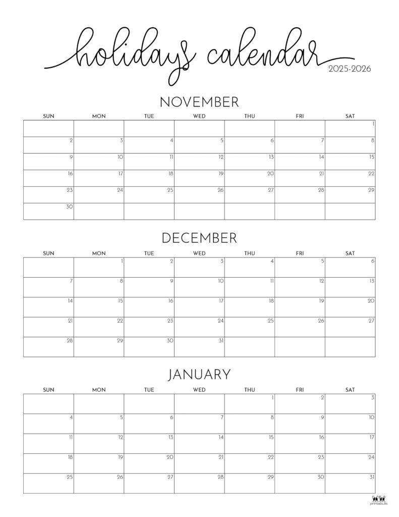 November December 2025 Calendars - 28 Printables | Printabulls inside November 2025 to January 2026 Calendar