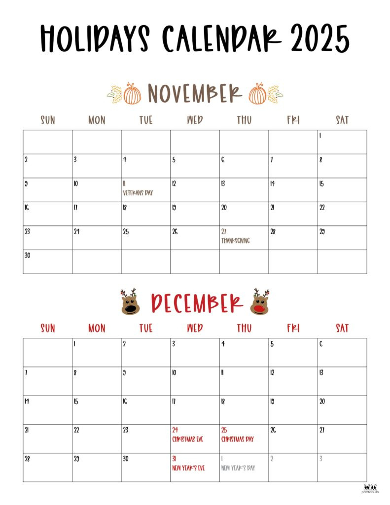 November December 2025 Calendars - 28 Printables | Printabulls regarding November 2025 December 2025 Calendar