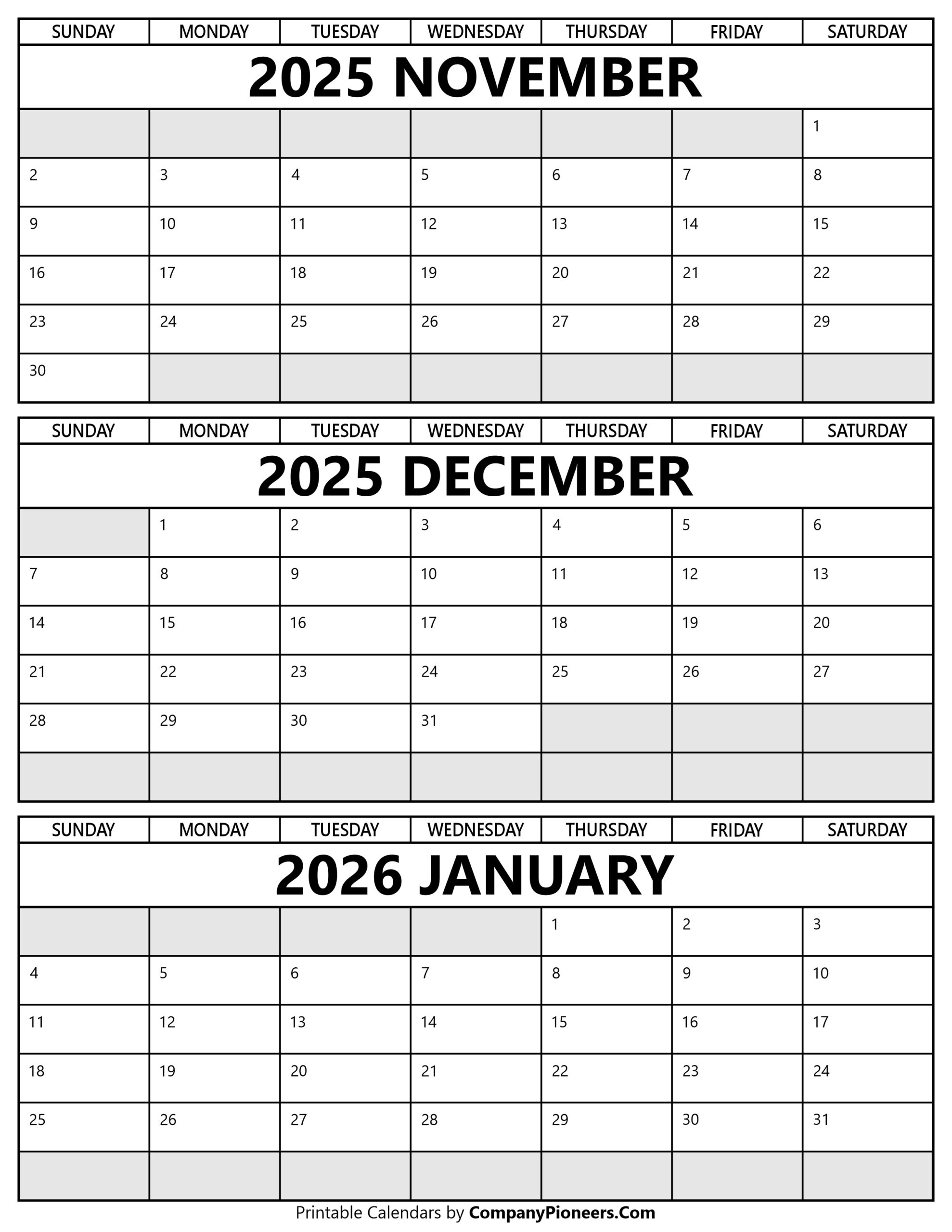 November December 2025 January 2026 Calendar Printable - Template inside Calendar November 2025 To January 2026