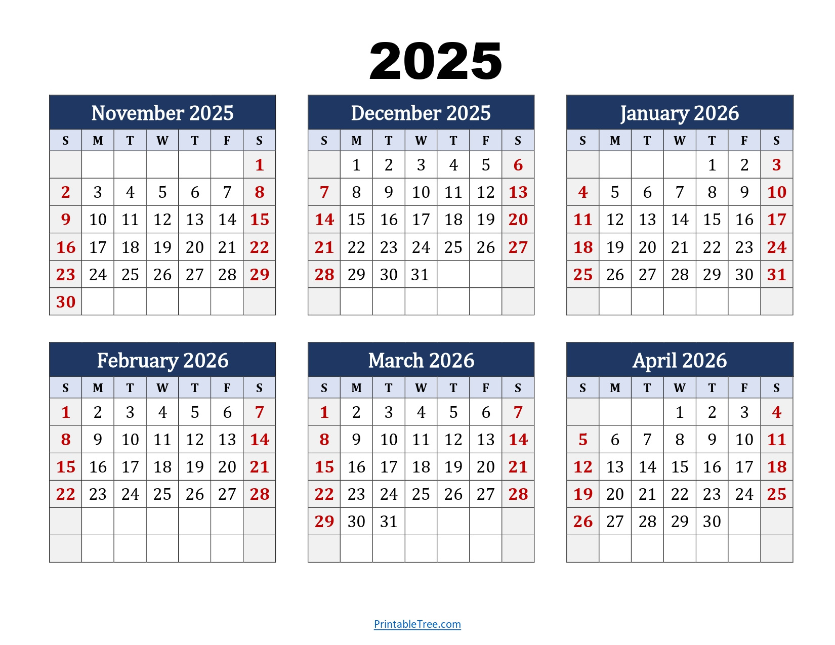 November To April 2026 Calendar Printable Pdf | Six Months Calendar in November 2025 To April 2026 Calendar