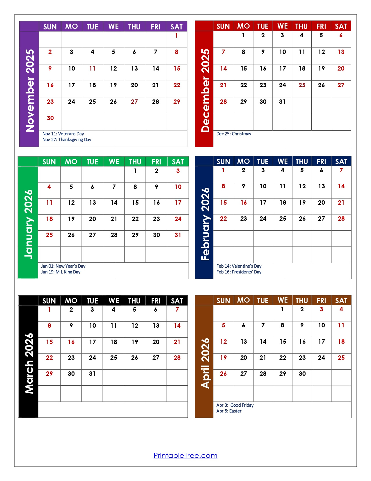 November To April 2026 Calendar Printable Pdf | Six Months Calendar pertaining to November 2025 to March 2026 Calendar