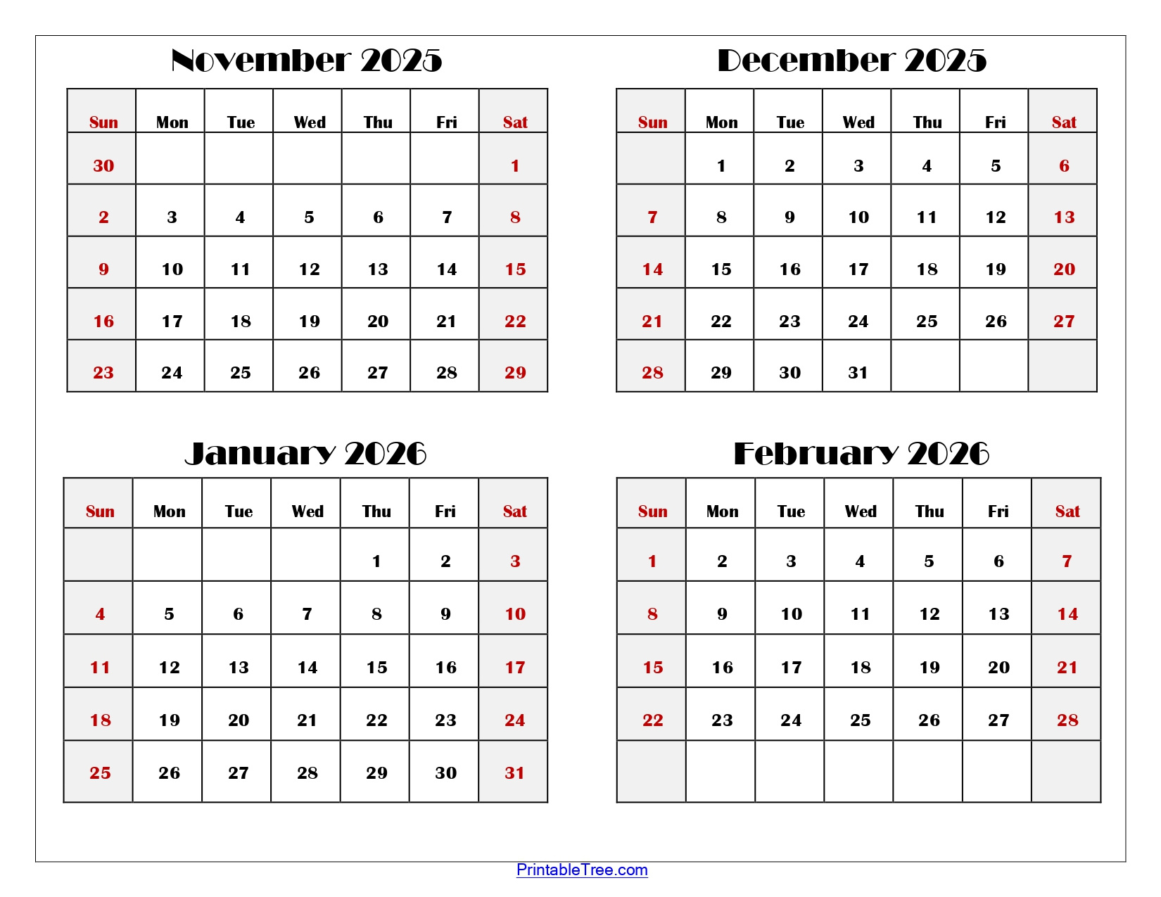 November To February 2026 Calendar Printable Pdf | Four Months inside Calendar November 2025 to February 2025