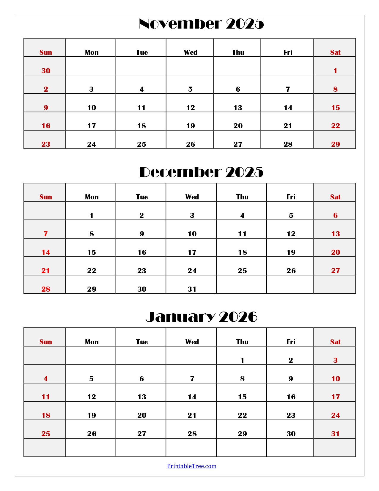 November To January 2026 Calendar Printable Pdf | Three Months regarding Calendar November 2025 To January 2026