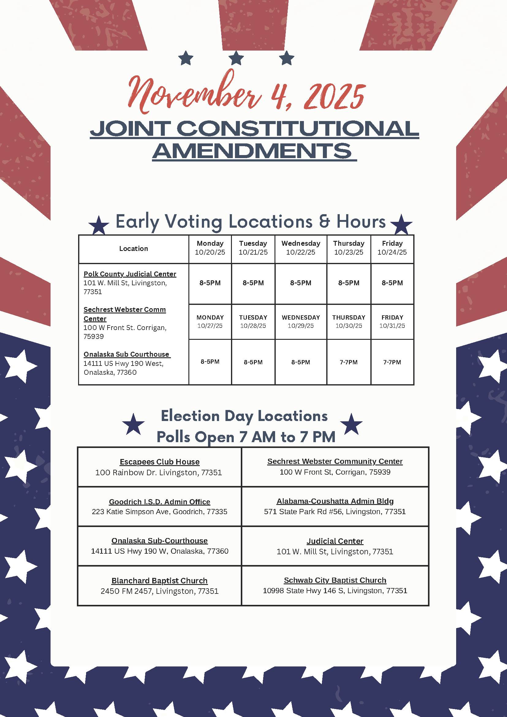 Polk County, Texas within November 4 2025 Election Law Calendar