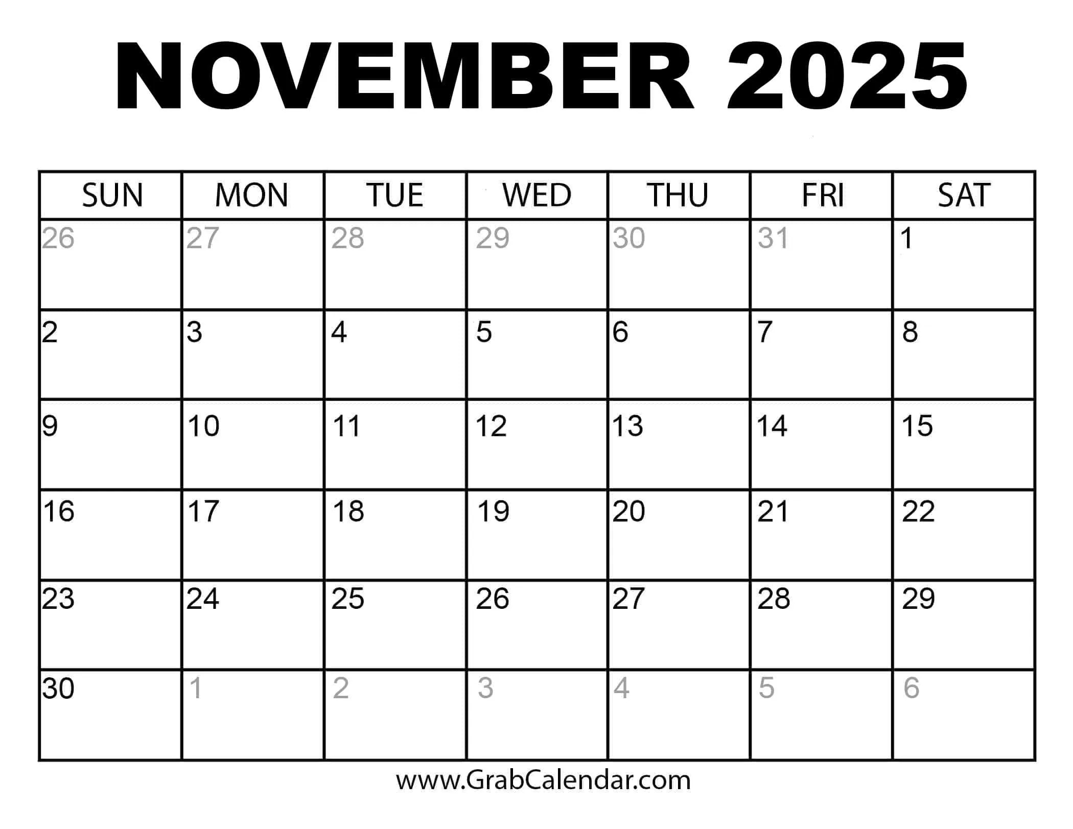 Printable November 2025 Calendar with November 2025 Blank Calendar Printable