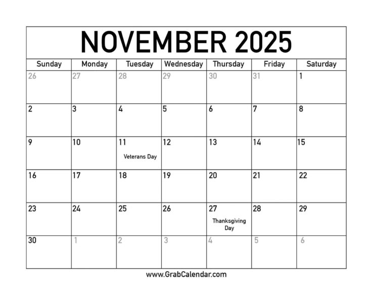 November 2025 Calendar Days