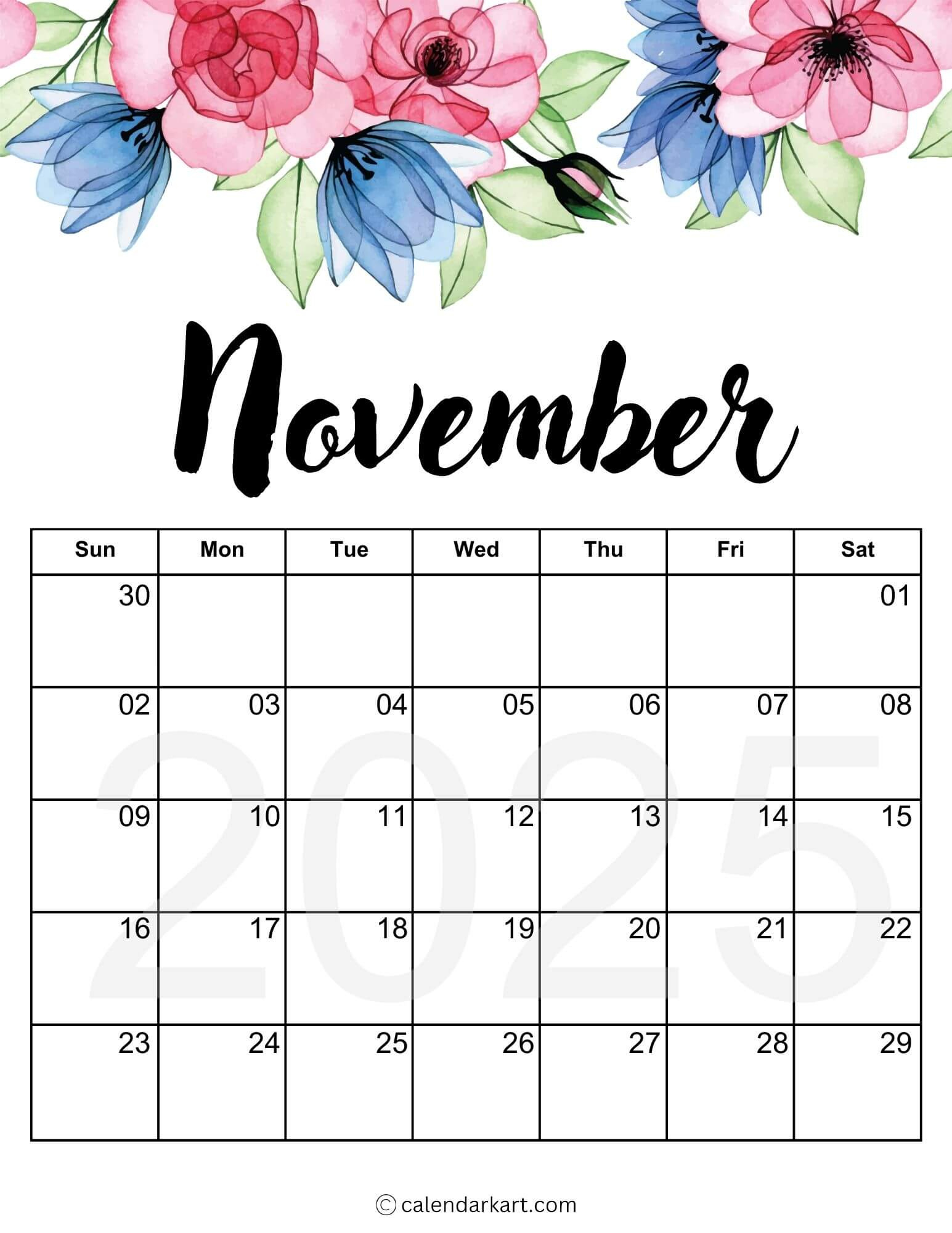 Printable November 2025 Calendars | Free Pdf - Calendarkart inside November 5 Calendar 2025