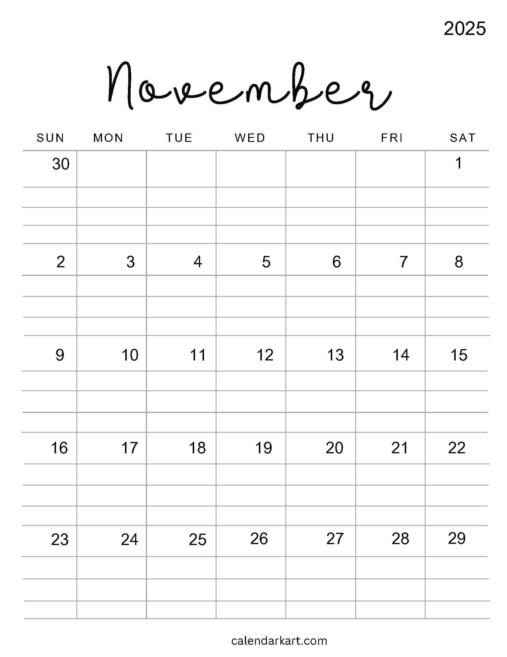 Printable November 2025 Calendars | Free Pdf - Calendarkart intended for November 5 Calendar 2025
