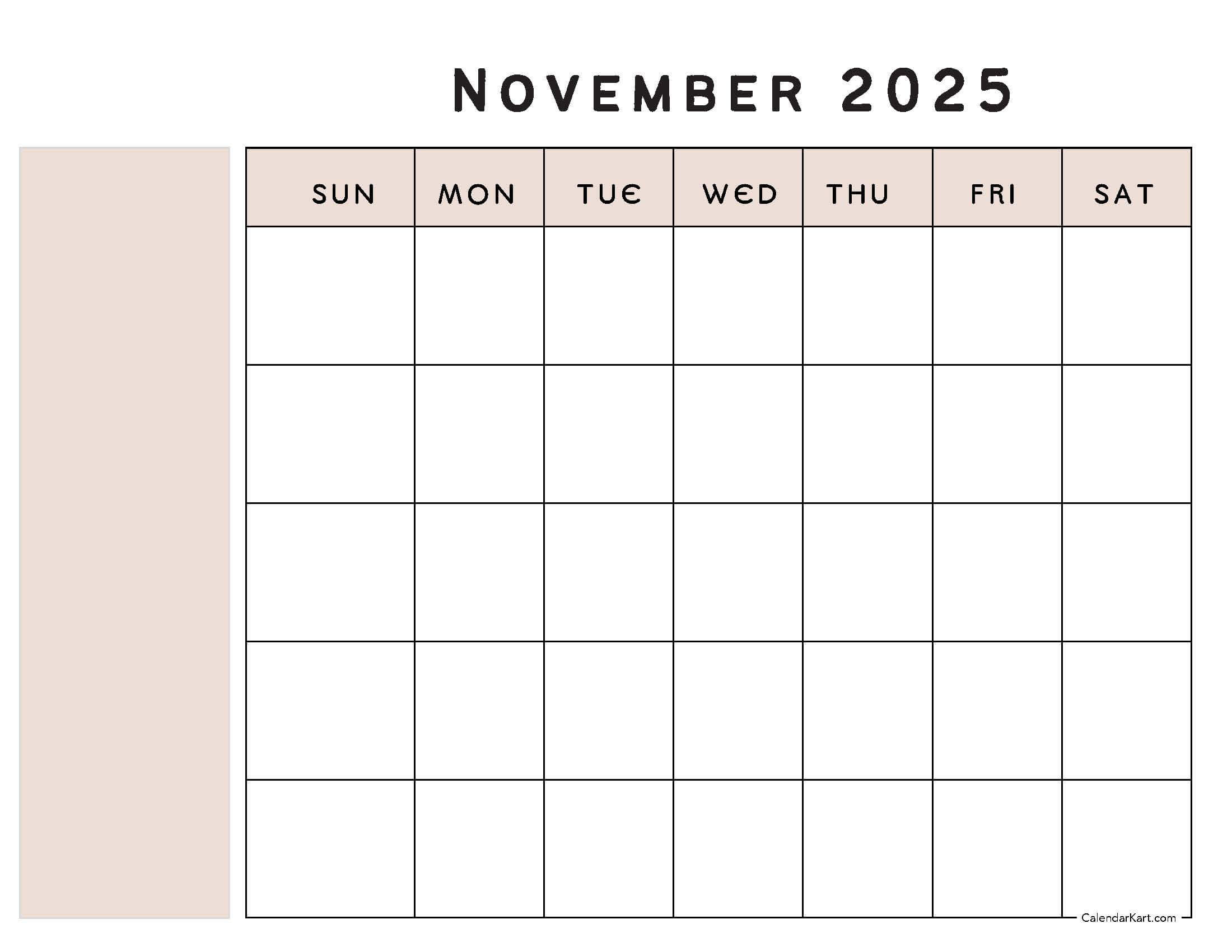 Printable November 2025 Calendars | Free Pdf - Calendarkart throughout Calendar 2025 Printable Free November Excel