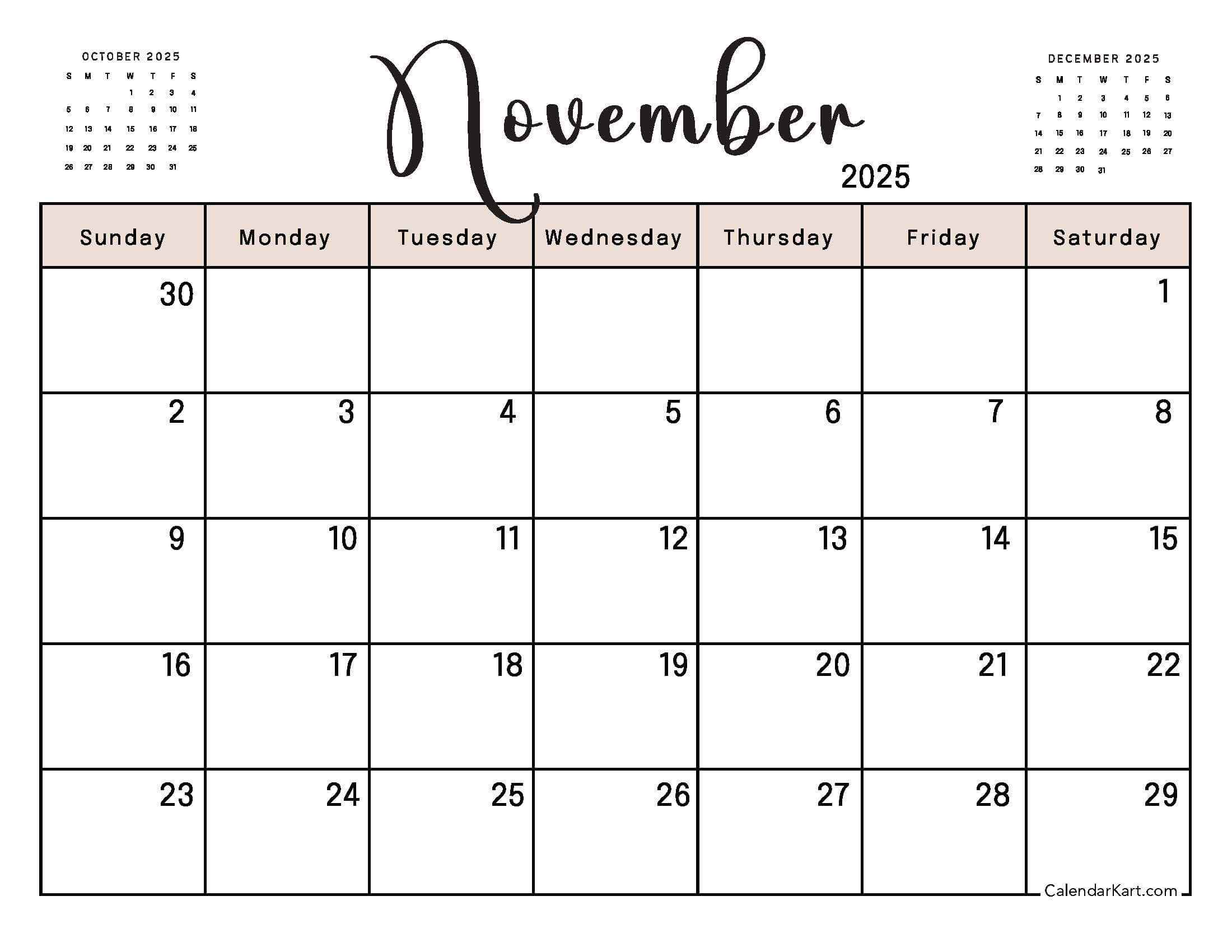 Printable November 2025 Calendars | Free Pdf - Calendarkart throughout Calendar 2025 Printable Free November Excel