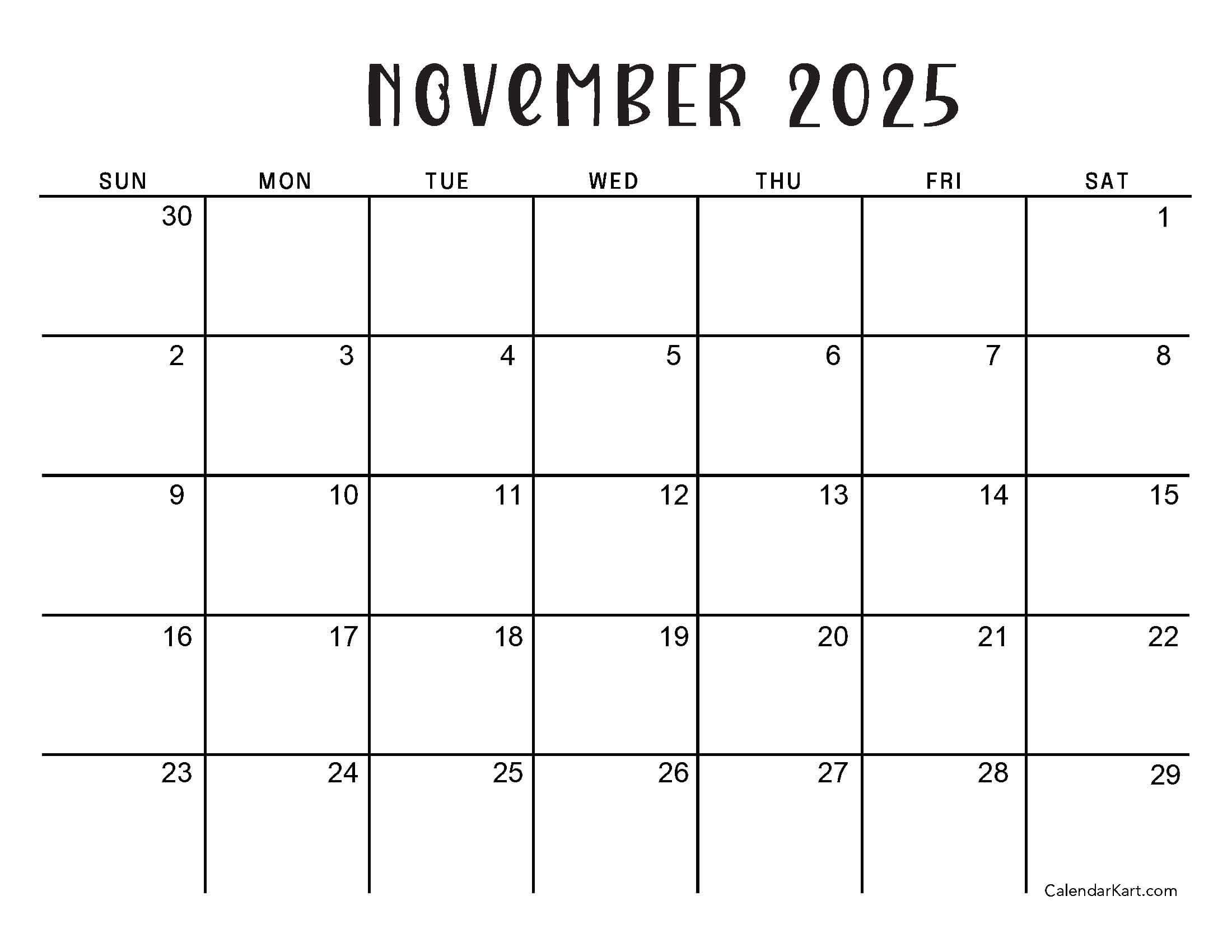 Printable November 2025 Calendars | Free Pdf - Calendarkart with November Calendar 2025 Sunday Start