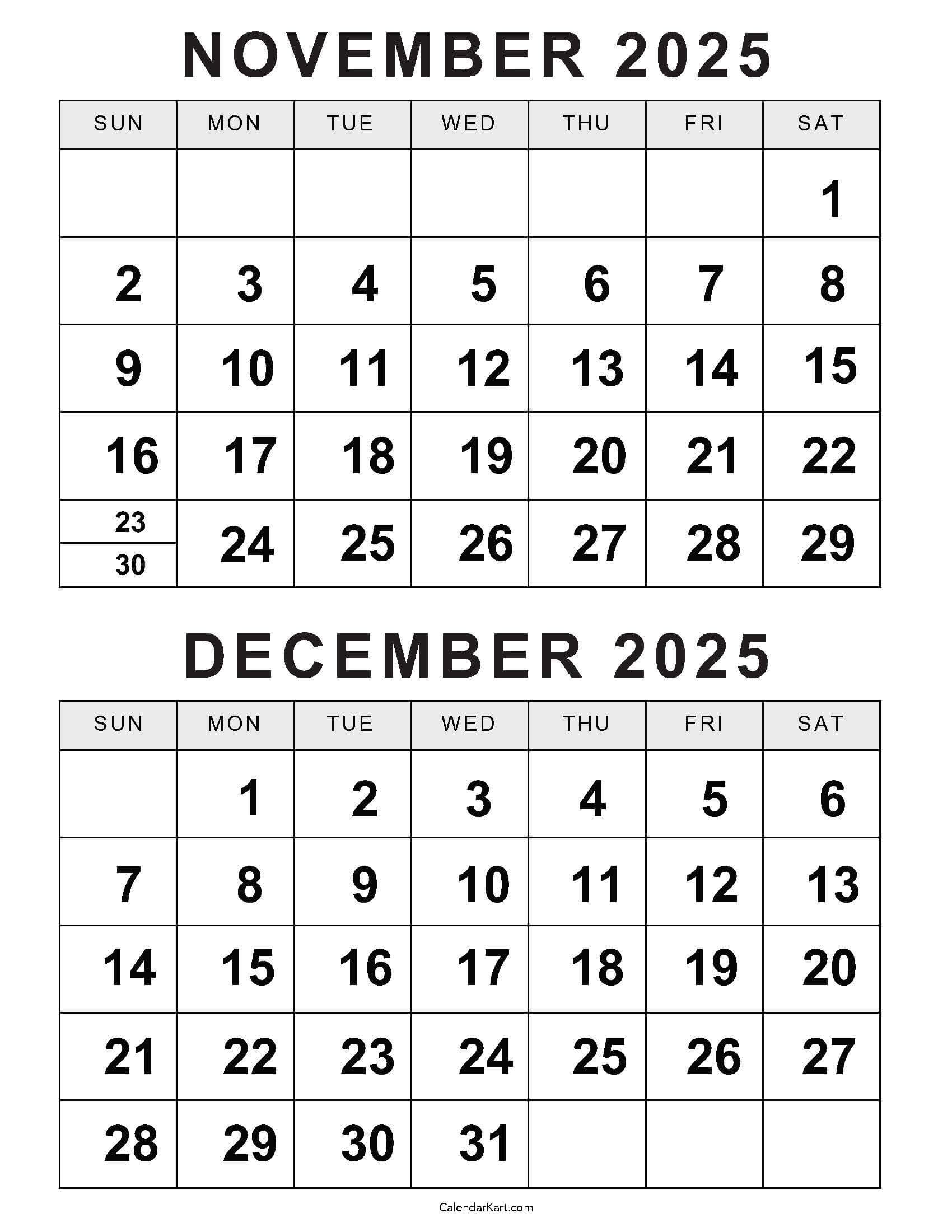 Printable November December 2025 Calendars | Calendarkart inside Free November and December 2025 Calendar