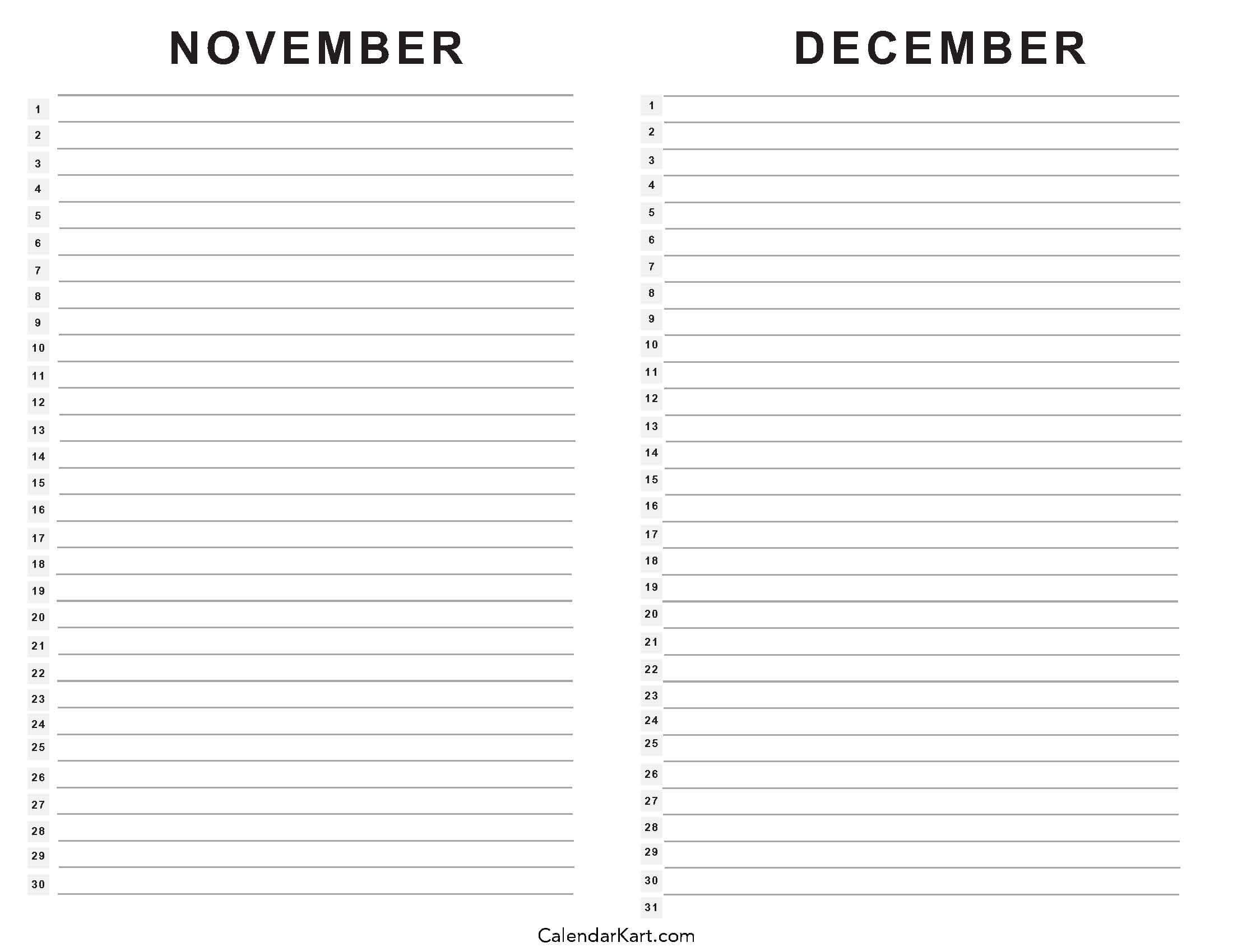 Printable November December 2025 Calendars | Calendarkart pertaining to November 2025 Calendar List