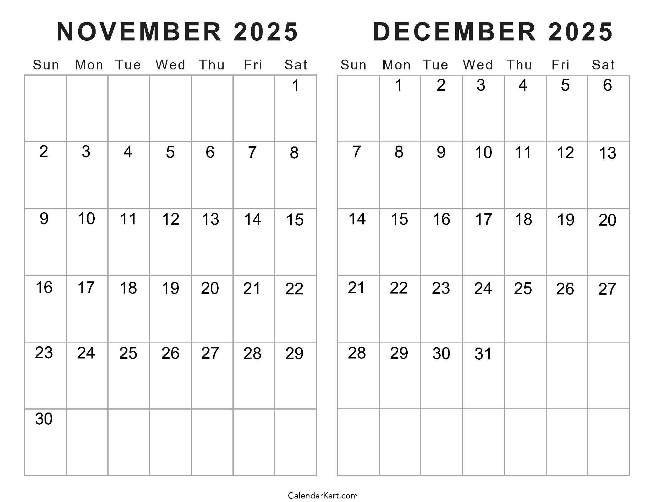 Printable November December 2025 Calendars | Calendarkart with regard to Calendar 2025 November December