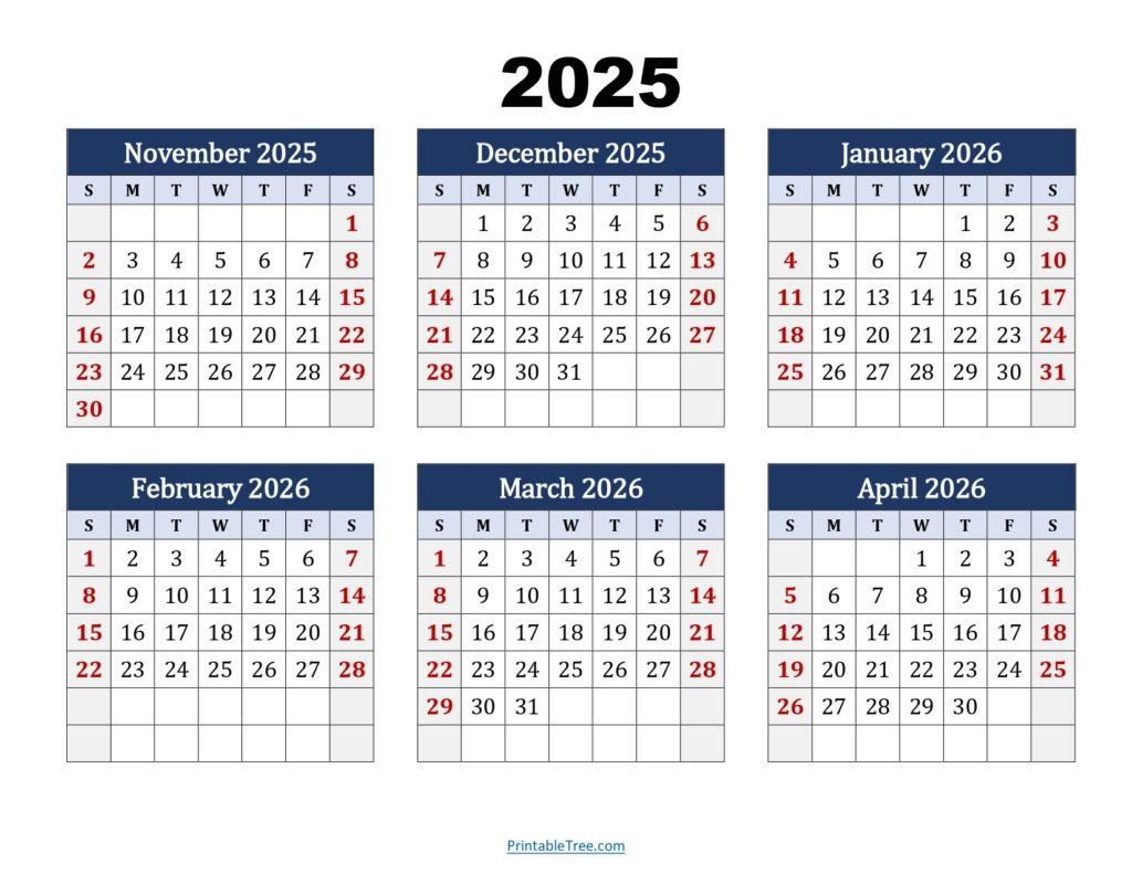 Six Month Calendar 2025-2026 Printable Pdf- 6 Months Calendar inside November 2025 to April 2025 Calendar