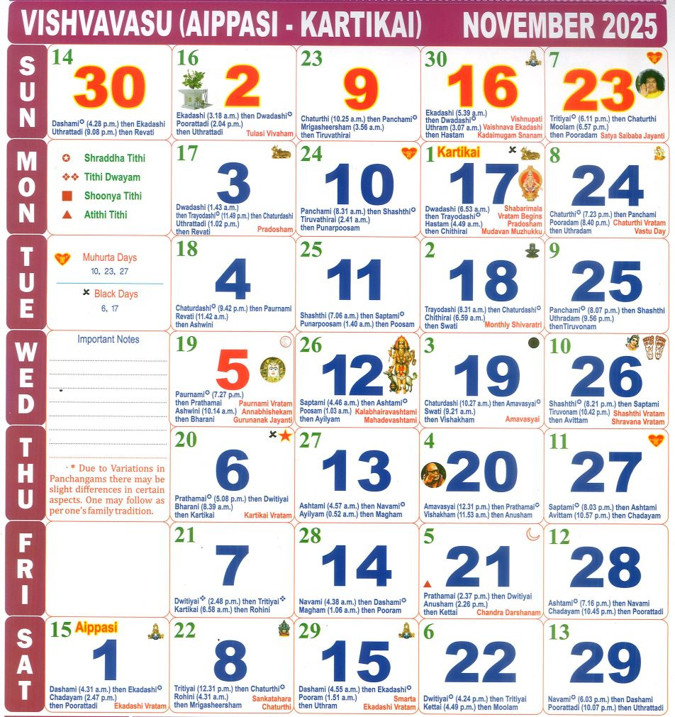 Tamil Calendar November Month , 2025 in November 2025 Daily Calendar