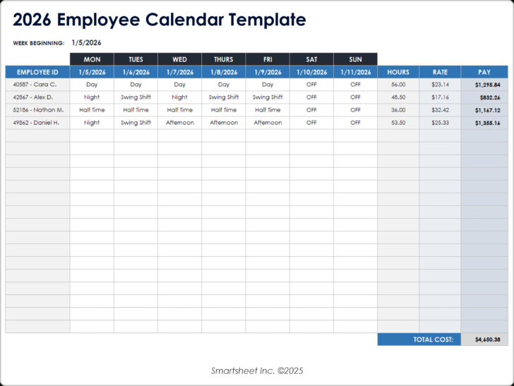 Free 2026 Employee Attendance Calendar