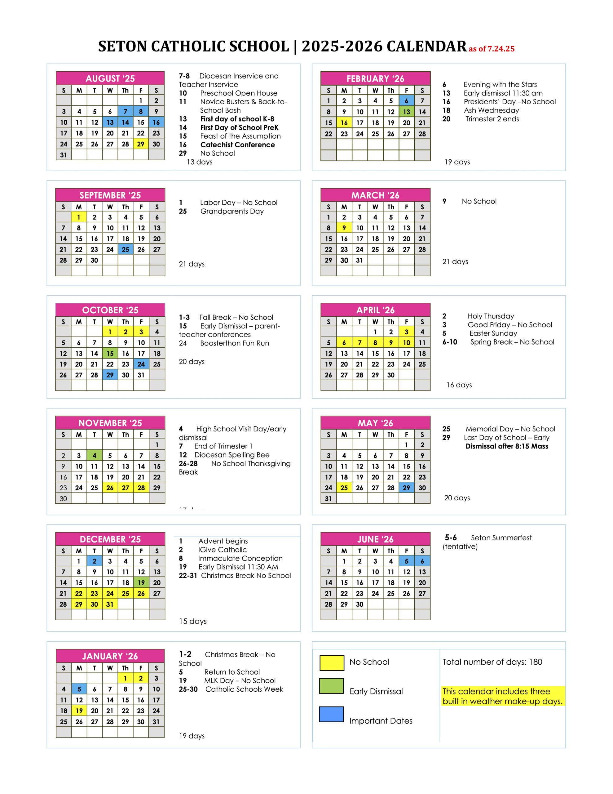 2025-2026 Academic Calendar - Seton Catholic School intended for Seton Catholic College Calendar 2026