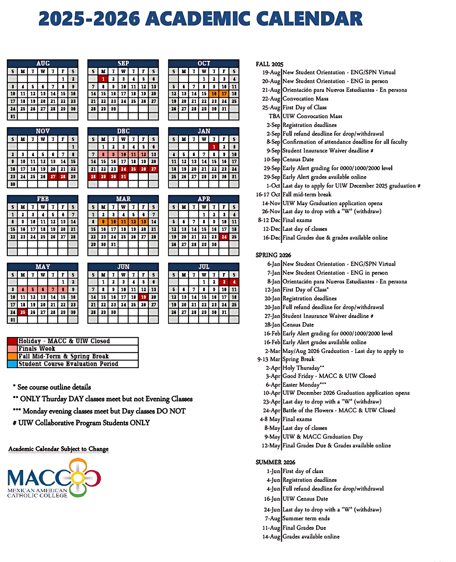 2025-2026 Macc Academic Calendar Image - Macc for Catholic University Academic Calendar 2026