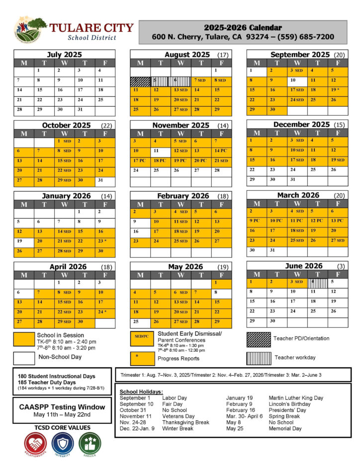 Tusd 2025 to 2026 Calendar Printable