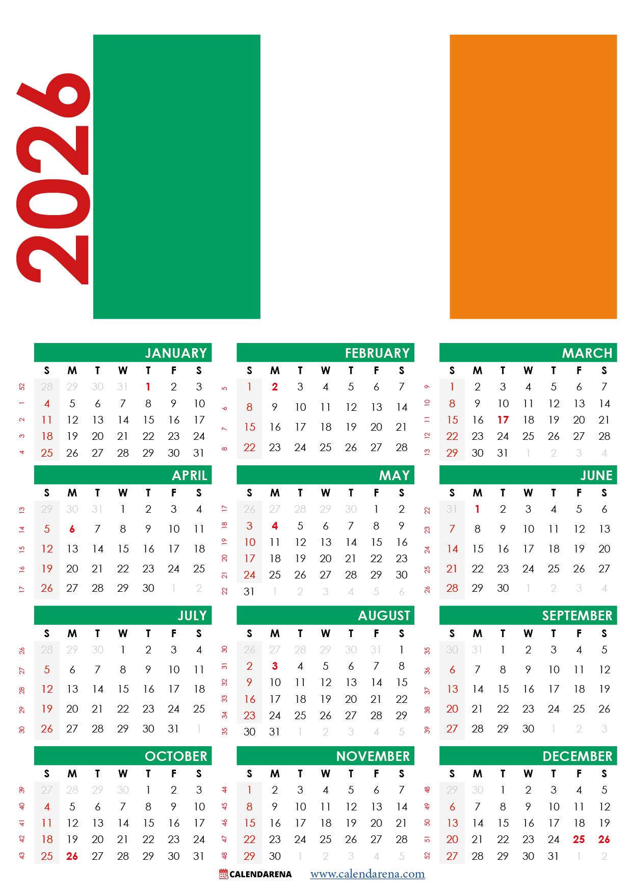2025 Calendar Ireland With Holidays with 2026 Calendar Printable with Holidays Ireland