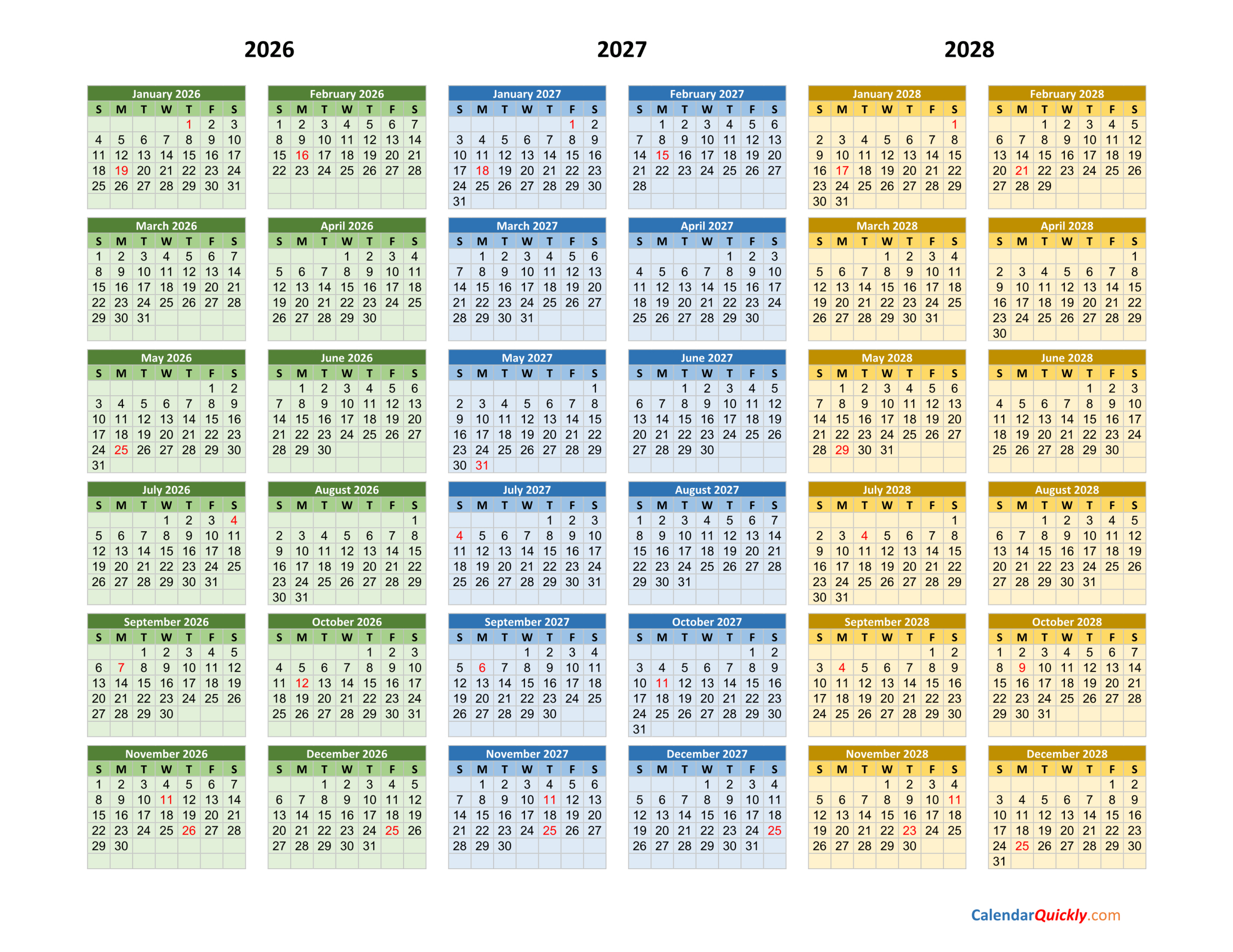2026-2027-2028 Calendar | Calendar Quickly throughout Printable 3 Year Calendar 2026 2027 2028