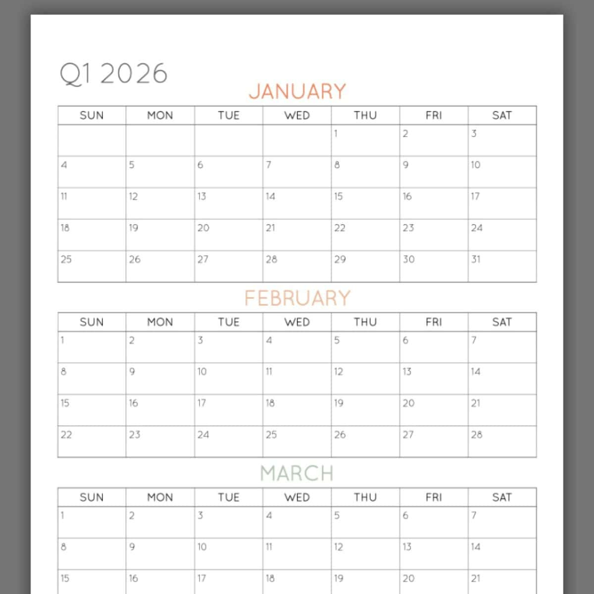 2026 3-Month Quarterly Calendar Printables - Free inside 2026 Calendar Printable Quarterly