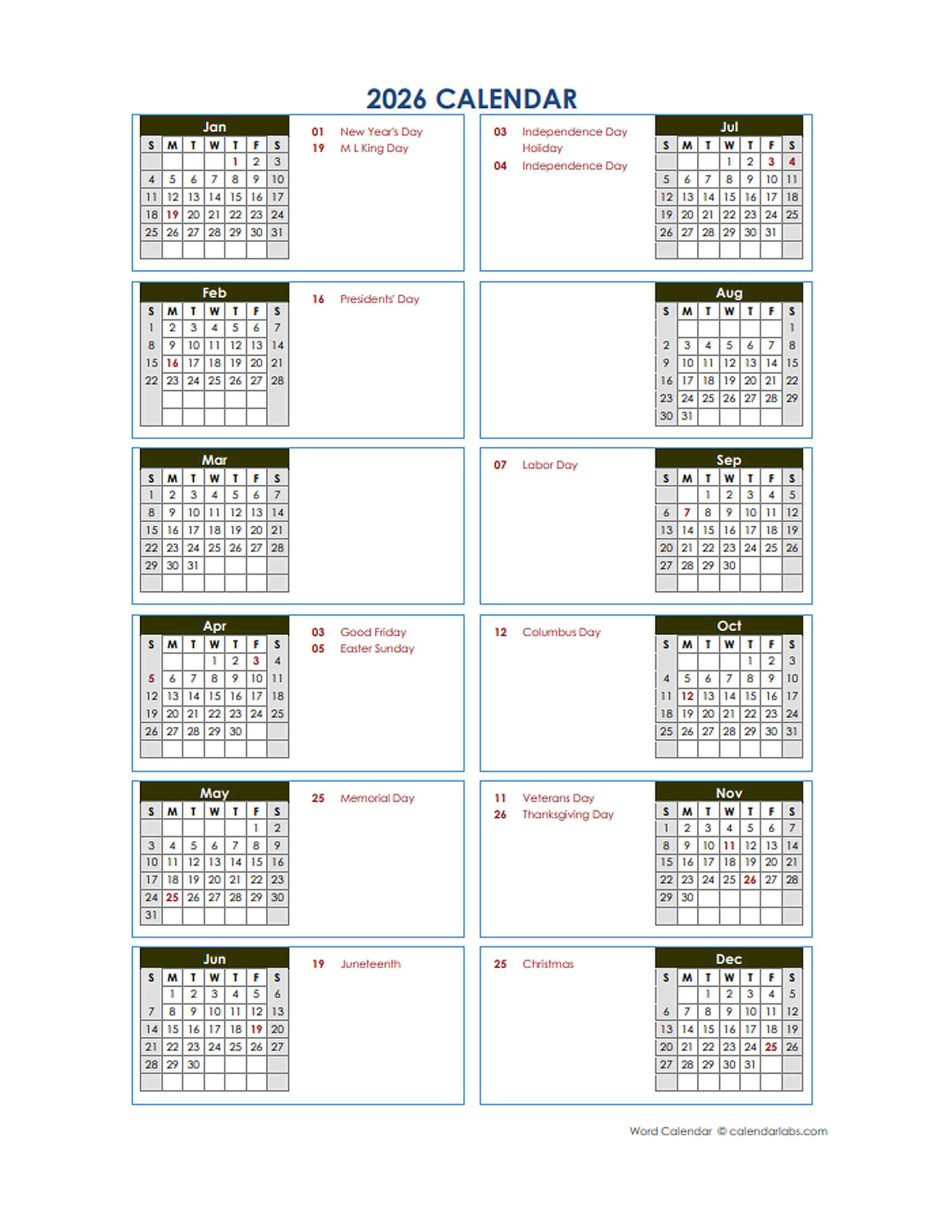 2026 Calendar At A Glance - Printable within 2026 Calendar Printable Calendarlabs