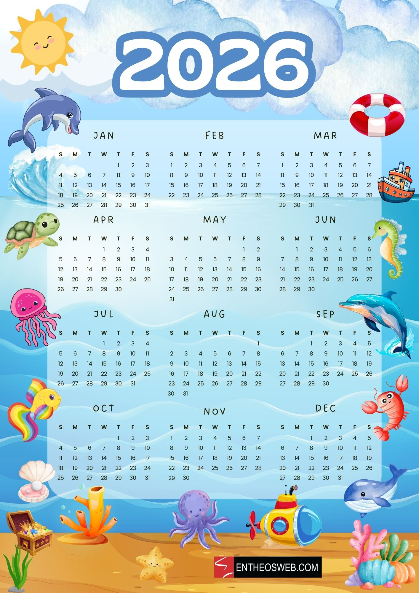 2026 Calendar For Kids – Cute Single Page Full Year Pdf Printable within 2026 Calendar Printable For Kids