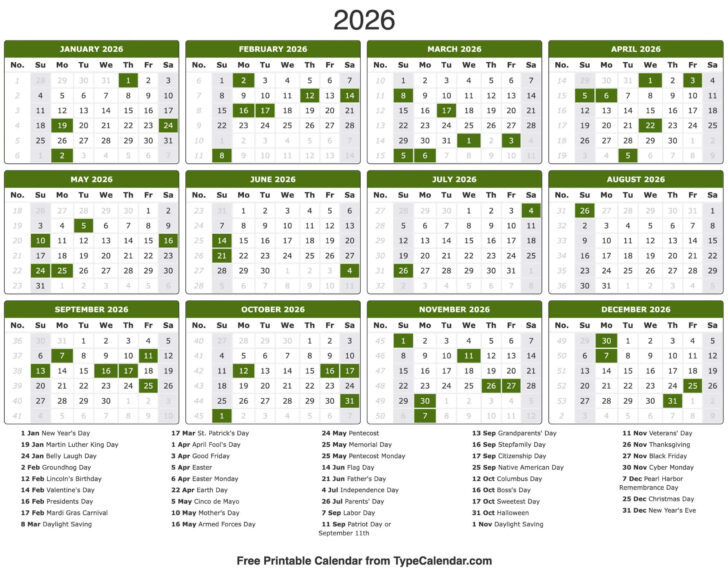Yearly Event Calendar 2026