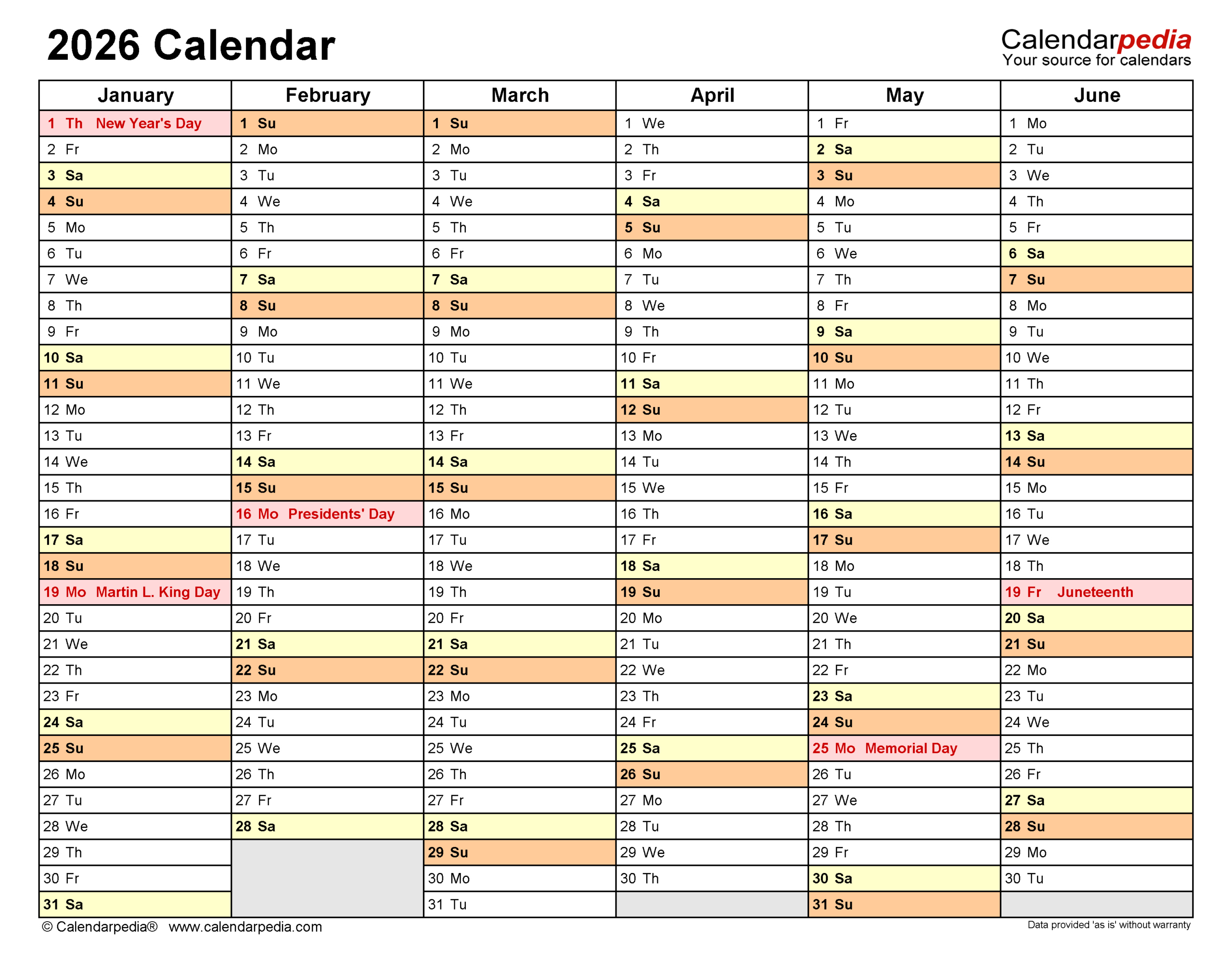 2026 Calendar - Free Printable Pdf Templates | Calendarpedia inside Employee Attendance Calendar 2026 Template