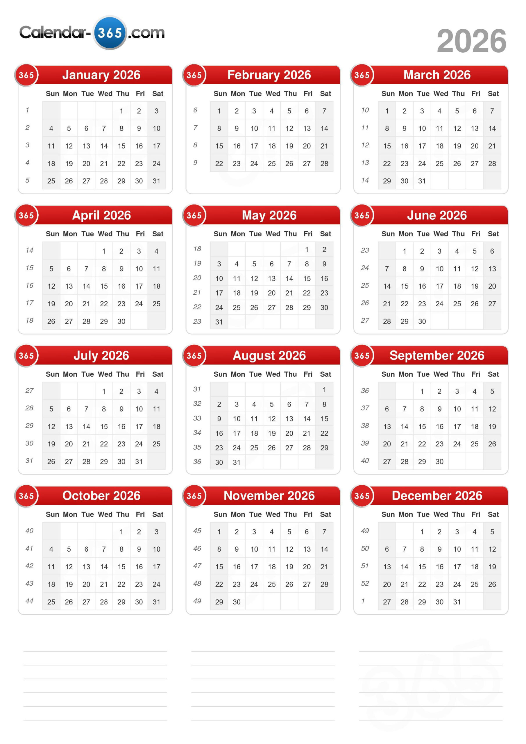 2026 Calendar in Calendar 365 2026 Printable