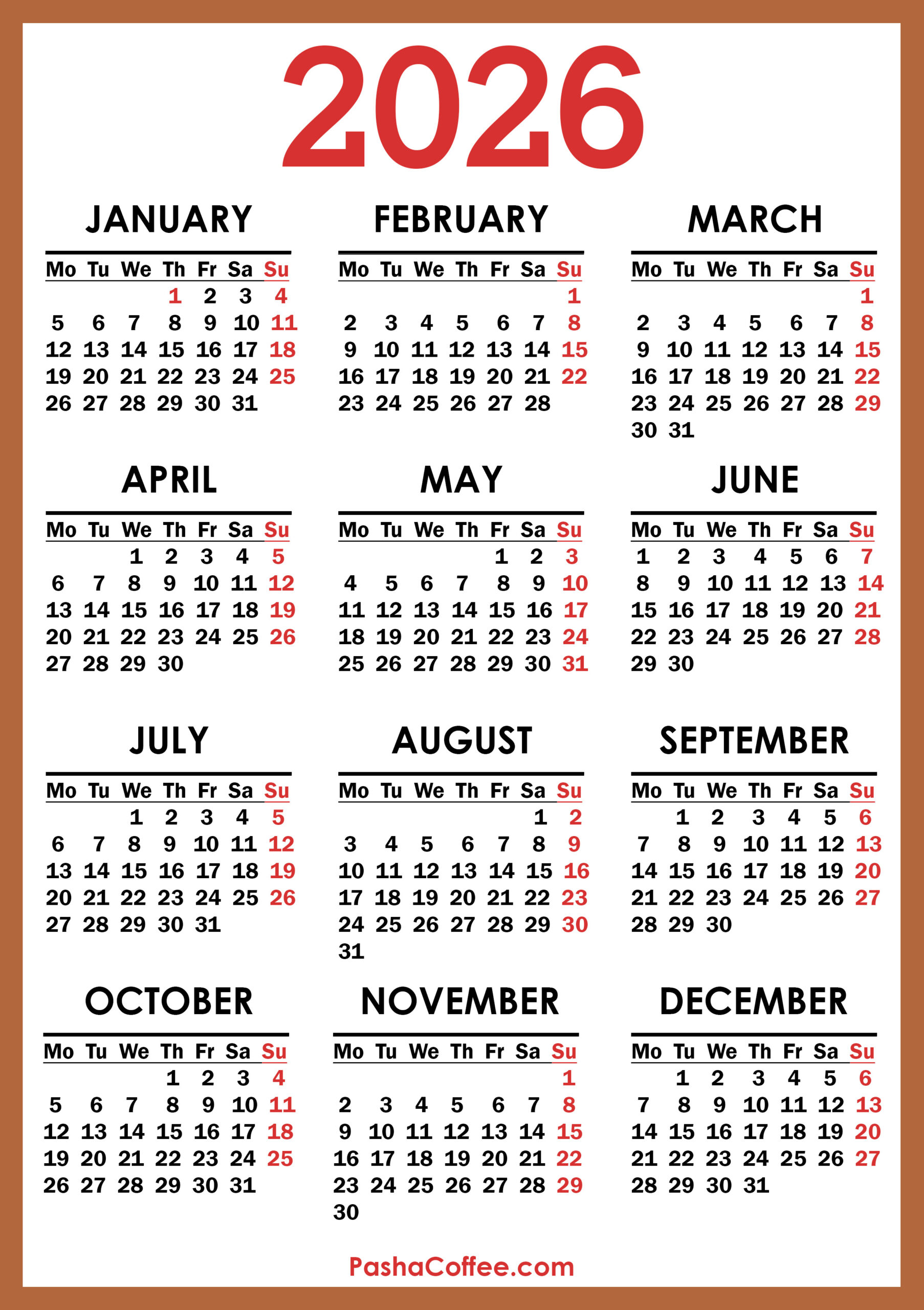 2026 Calendar, Printable Free, Vertical, Monday Start with Free Printable 2026 Calendar Without Download
