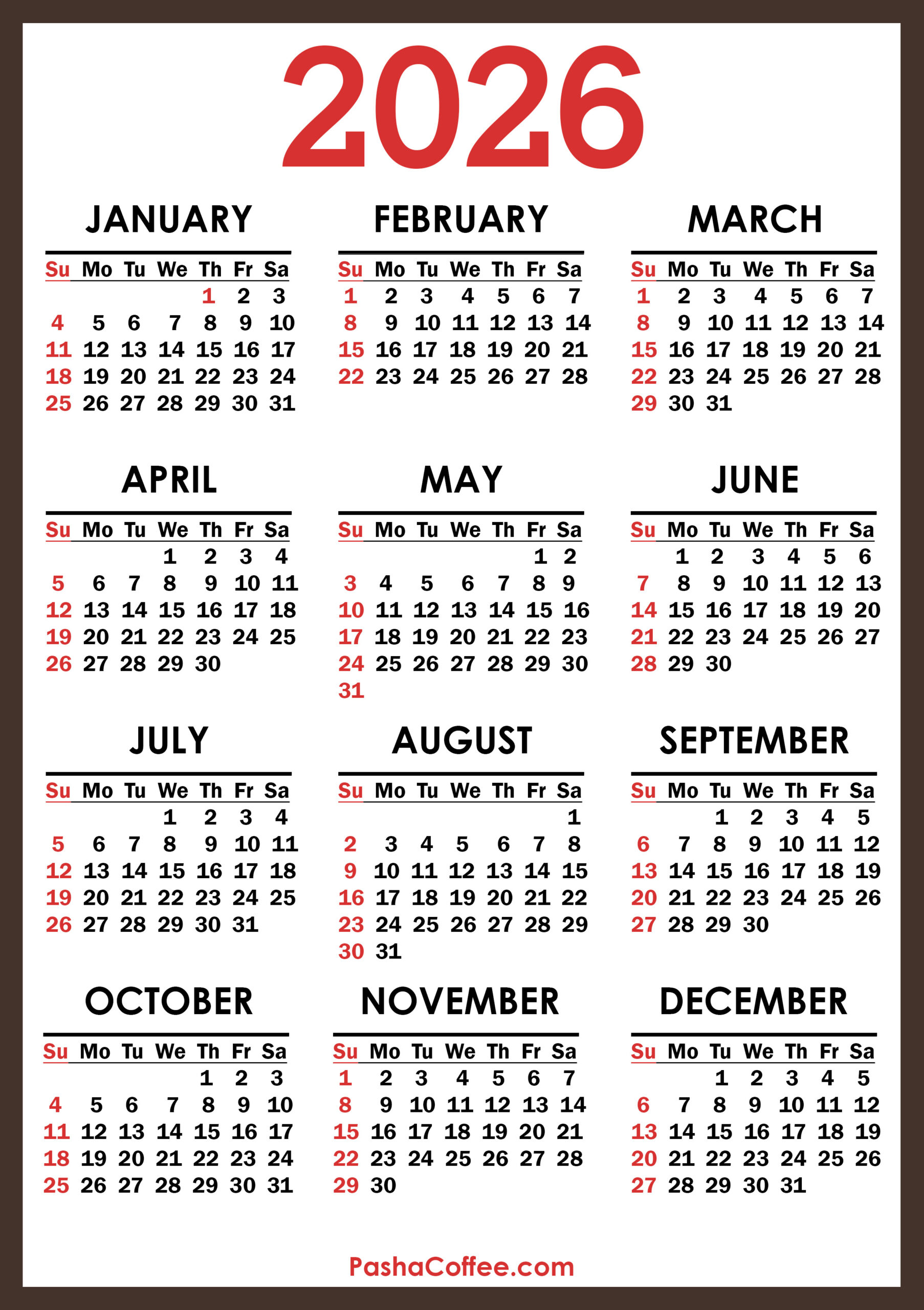 2026 Calendar, Printable Free, Vertical, Sunday Start inside 2026 Calendar Printable Free Download